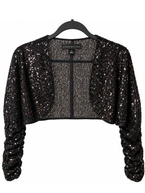 Aidan Mattox Black Sequin Bolero Shrug Ruched Sleeves Cropped Mesh Size M